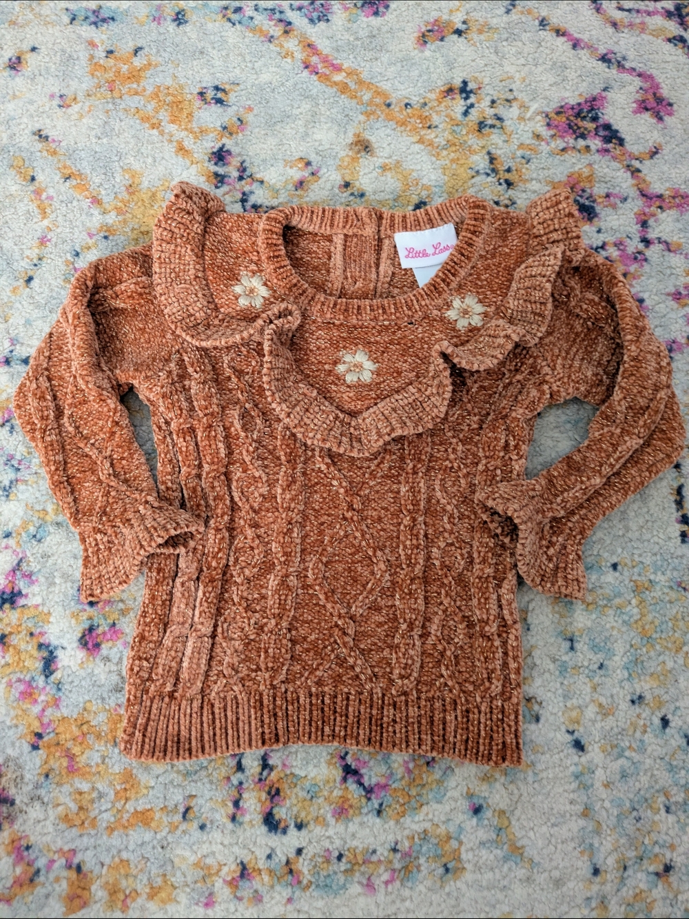 Little Lass Girls' Rust Chenille Cable-Knit Sweater with Ruffled Collar